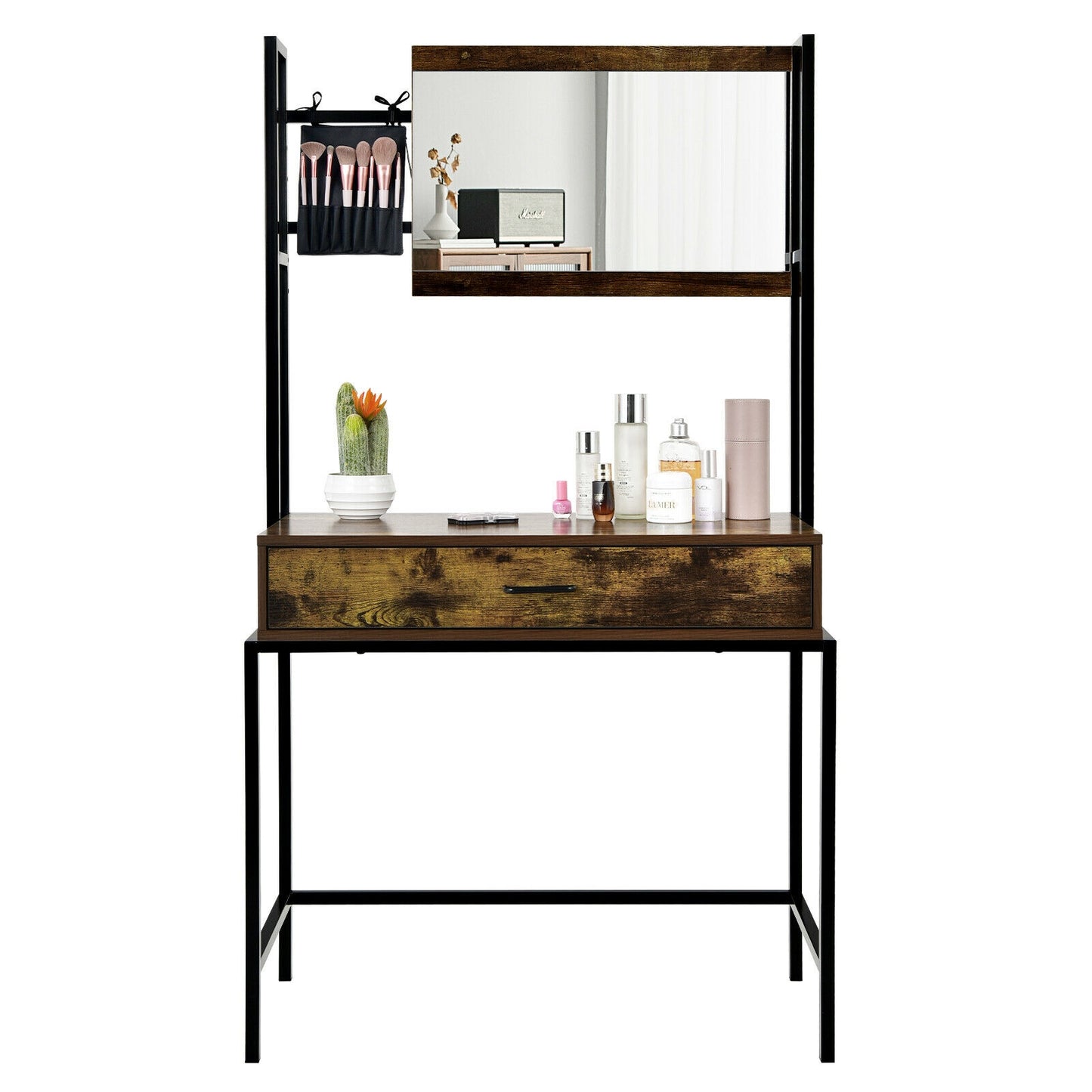 Rustic Industrial Vanity Table with 3-Height Adjustable Mirror, Storage Drawer, and Brush Bag