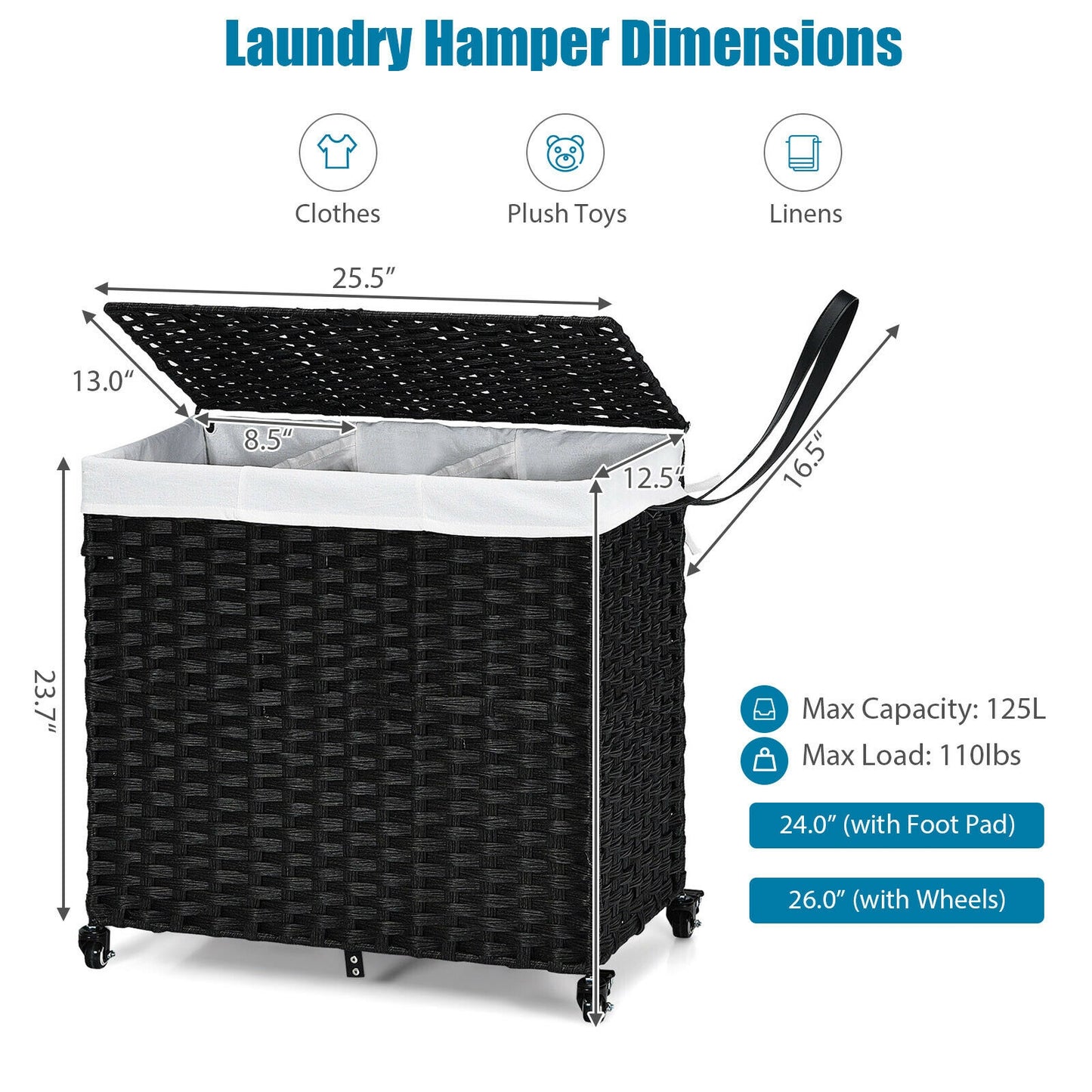 125L Multifunctional Laundry Hamper with Wheels & Detachable Liner Bags