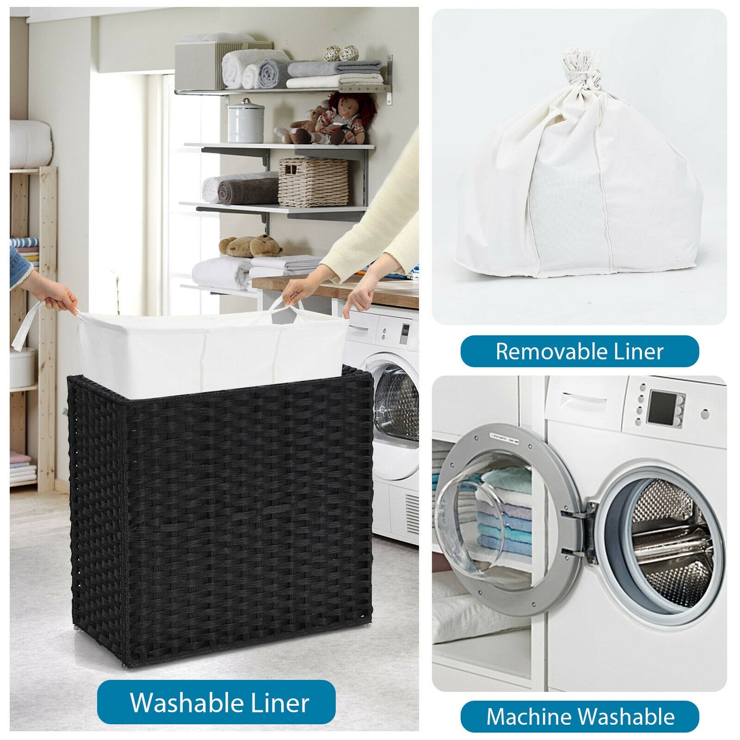 125L Multifunctional Laundry Hamper with Wheels & Detachable Liner Bags