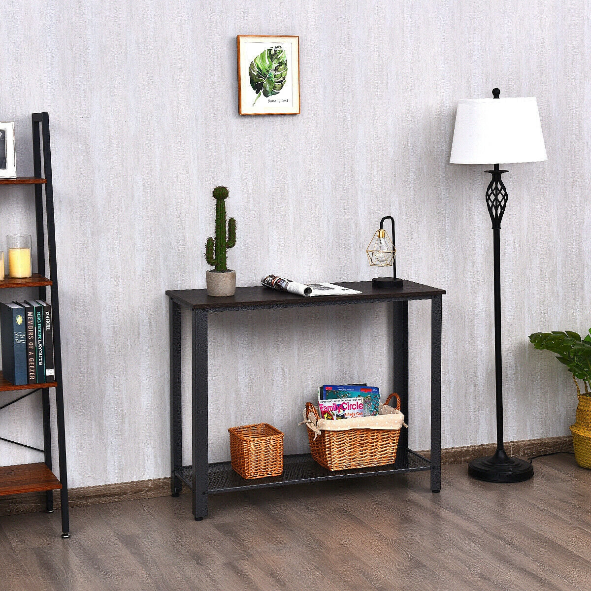 Wood Console Sofa Table with Metal Frame and Storage Shelf - Silver