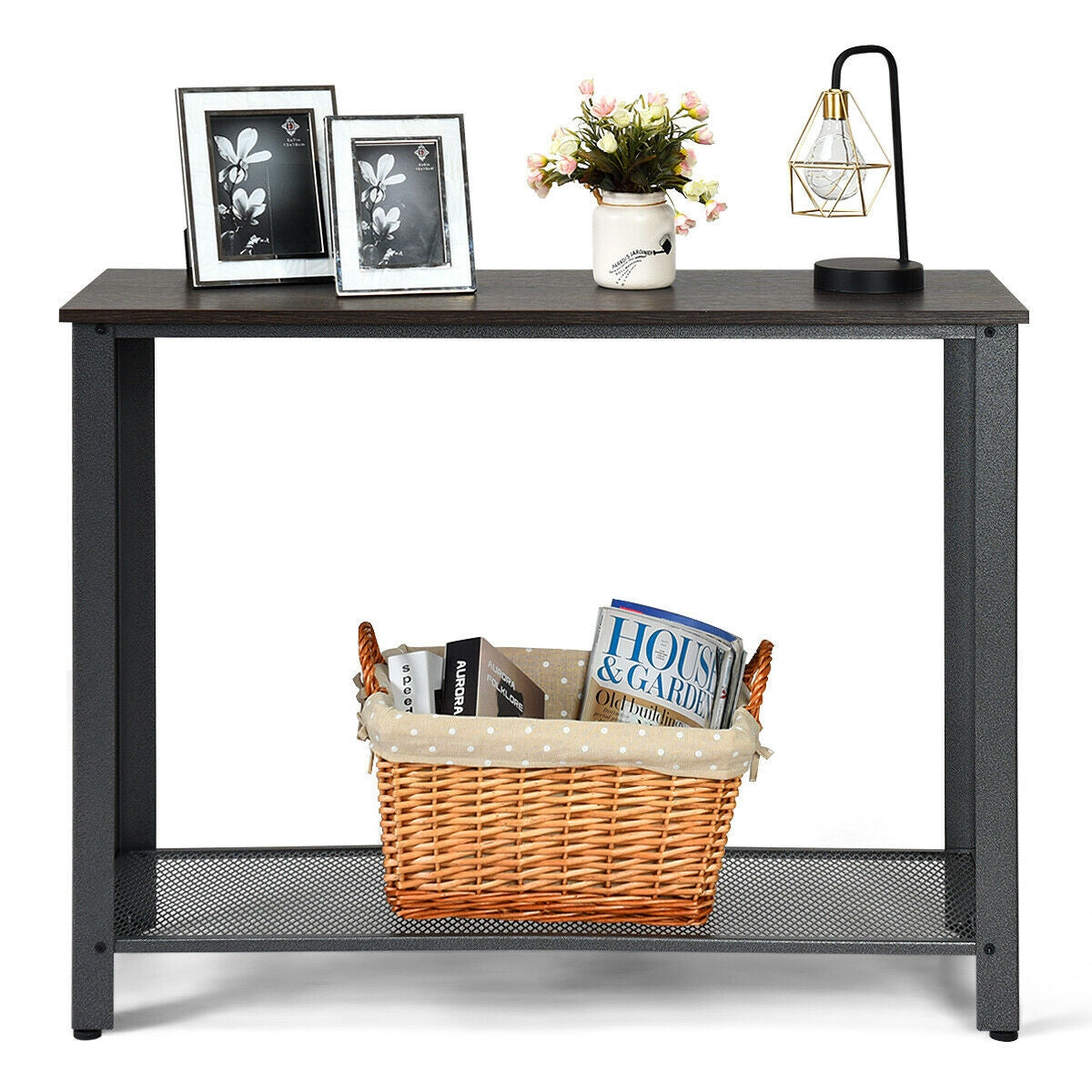 Wood Console Sofa Table with Metal Frame and Storage Shelf - Silver