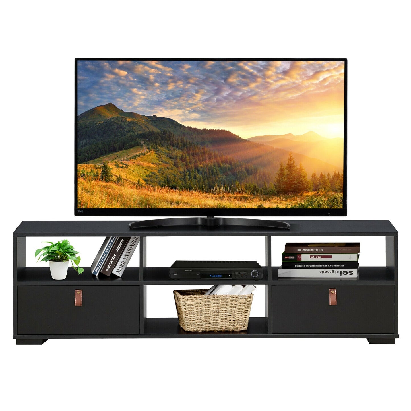 Wood TV Console with Drawers and Open Shelves for 60 Inch TVs in Black
