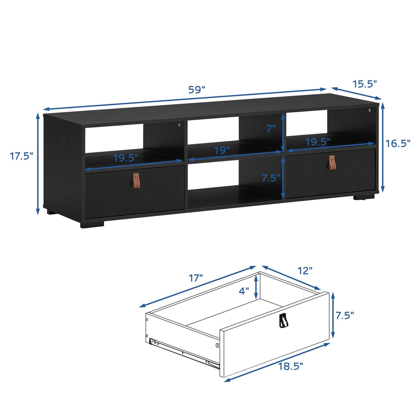 Wood TV Console with Drawers and Open Shelves for 60 Inch TVs in Black