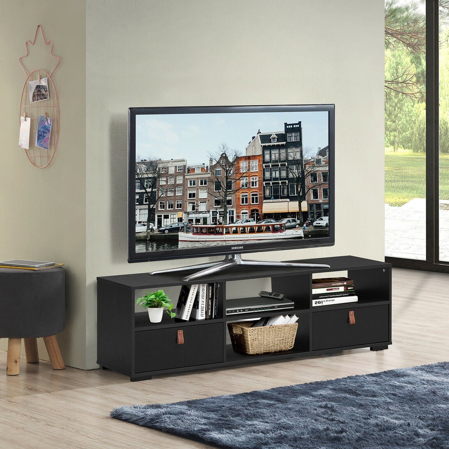 Wood TV Console with Drawers and Open Shelves for 60 Inch TVs in Black