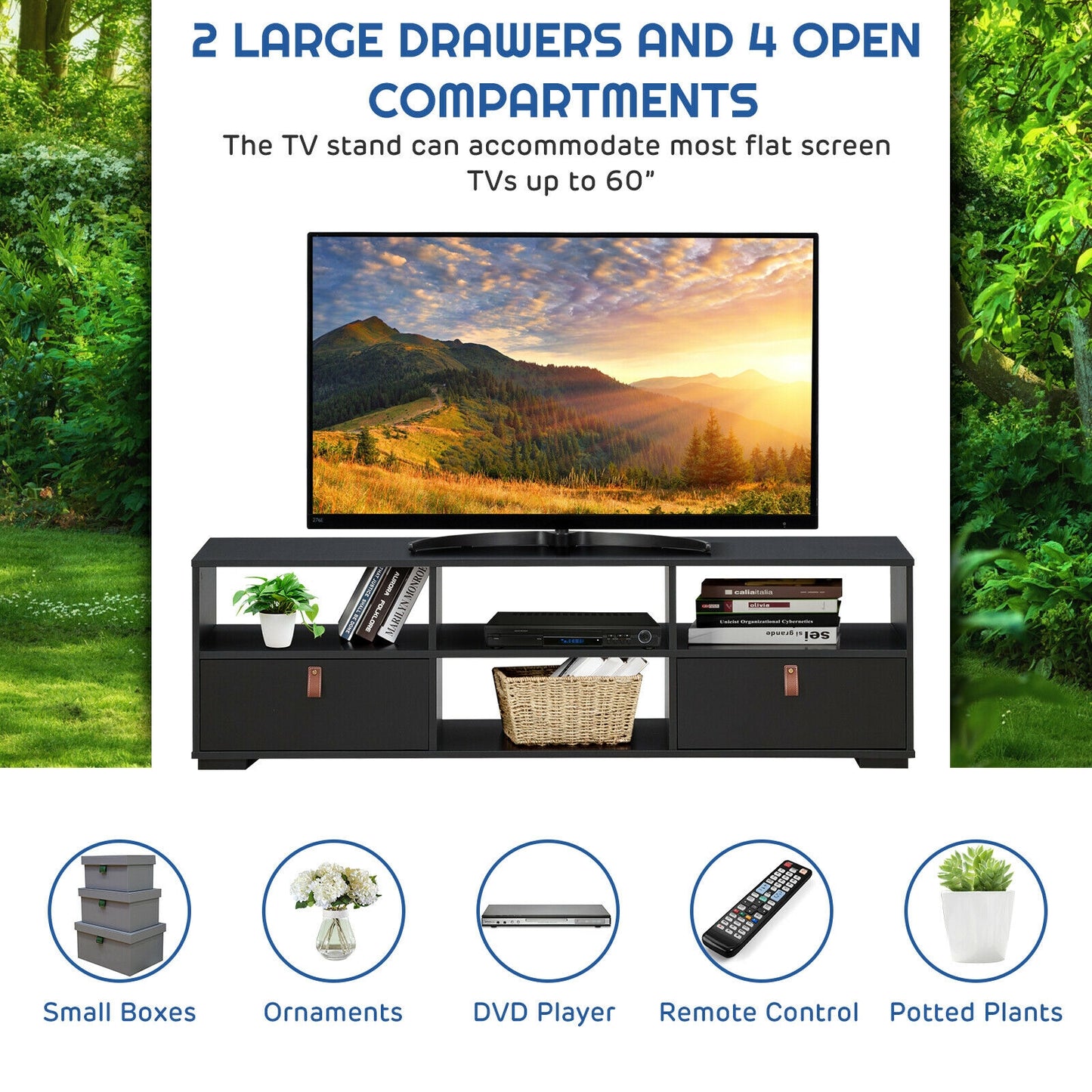 Wood TV Console with Drawers and Open Shelves for 60 Inch TVs in Black