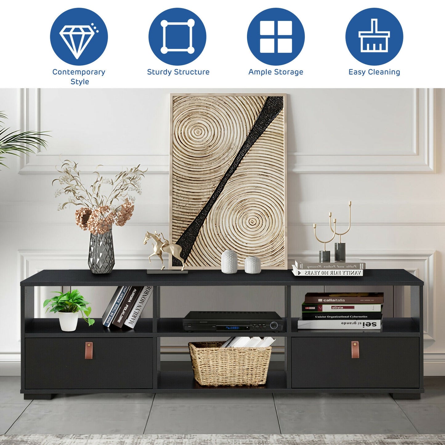 Wood TV Console with Drawers and Open Shelves for 60 Inch TVs in Black