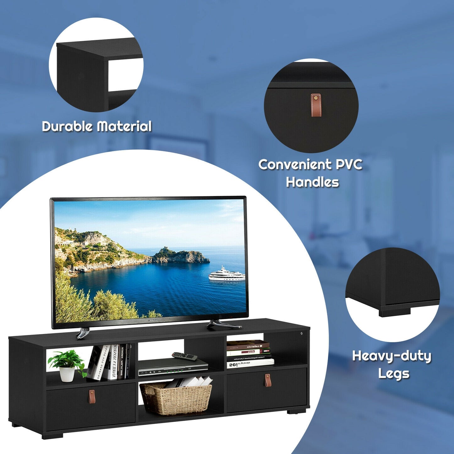 Wood TV Console with Drawers and Open Shelves for 60 Inch TVs in Black