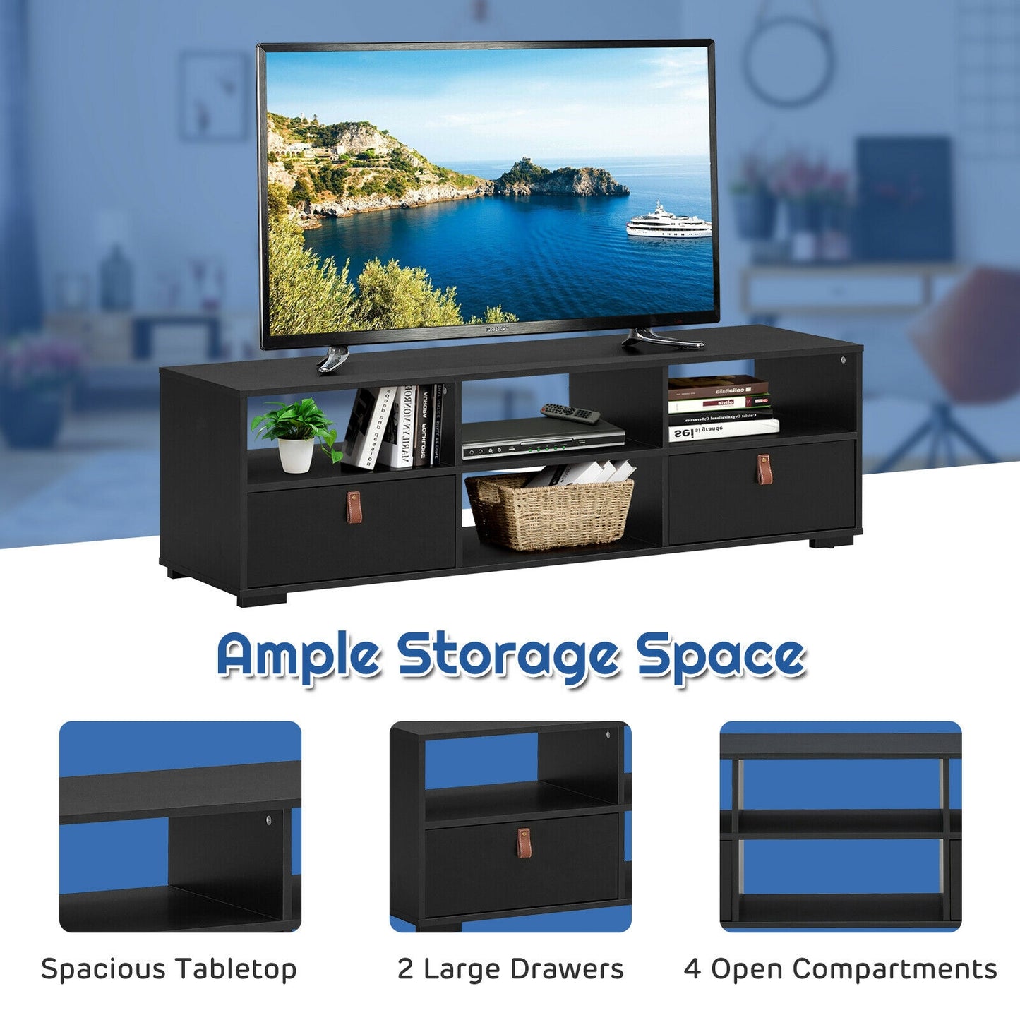 Wood TV Console with Drawers and Open Shelves for 60 Inch TVs in Black