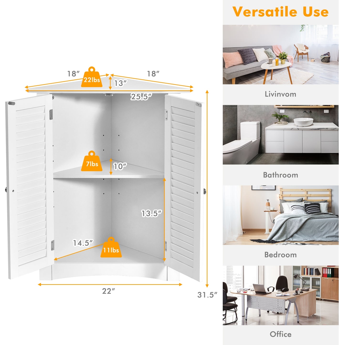 Corner Storage Cabinet with Shutter Doors - Freestanding Bathroom Organizer