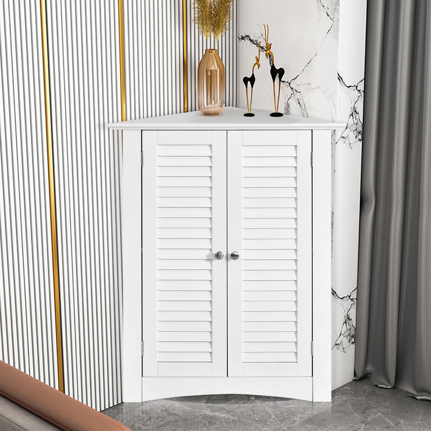 Corner Storage Cabinet with Shutter Doors - Freestanding Bathroom Organizer