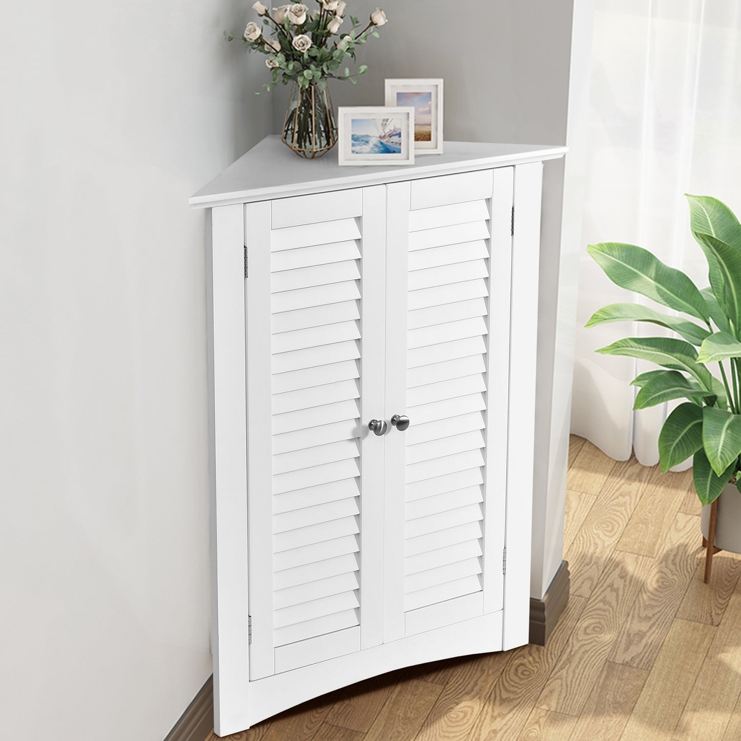 Corner Storage Cabinet with Shutter Doors - Freestanding Bathroom Organizer