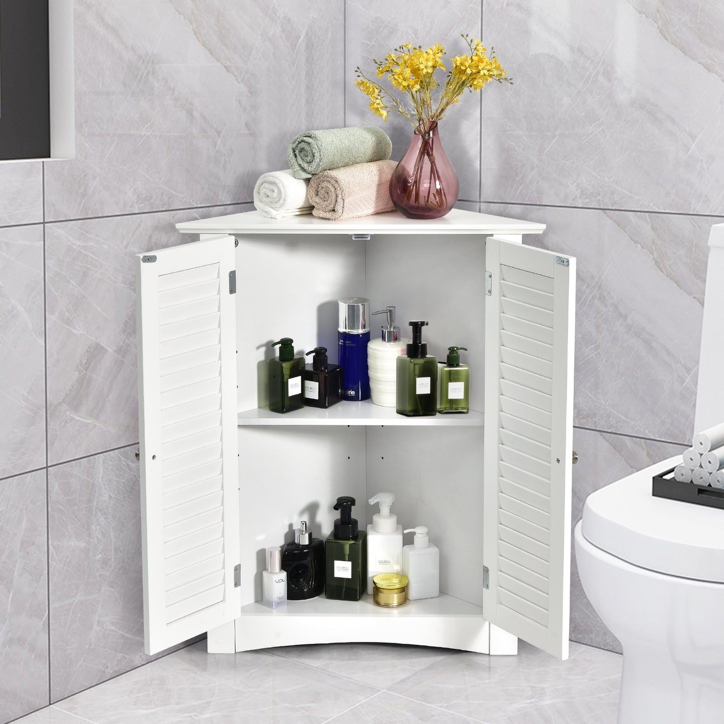 Corner Storage Cabinet with Shutter Doors - Freestanding Bathroom Organizer