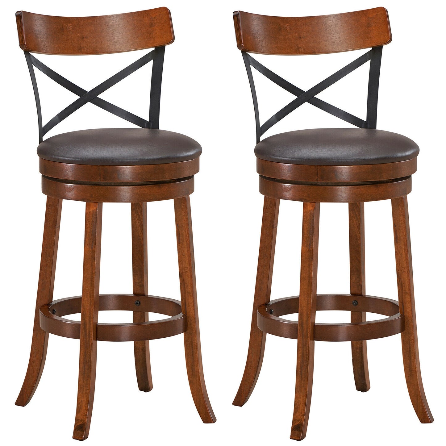 Set of 2 Swivel Bar Stools with Curved Backrest and Solid Rubberwood Legs, 29.5 Inch Seat Height
