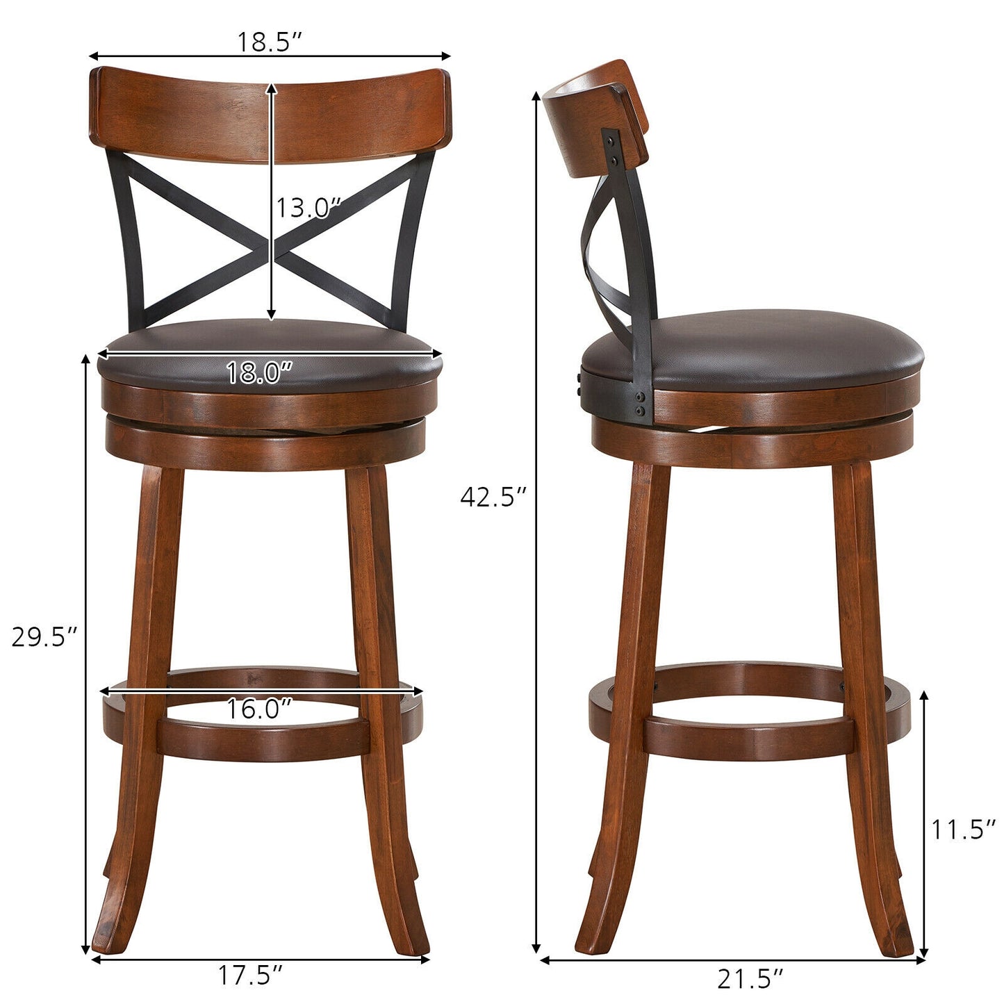Set of 2 Swivel Bar Stools with Curved Backrest and Solid Rubberwood Legs, 29.5 Inch Seat Height