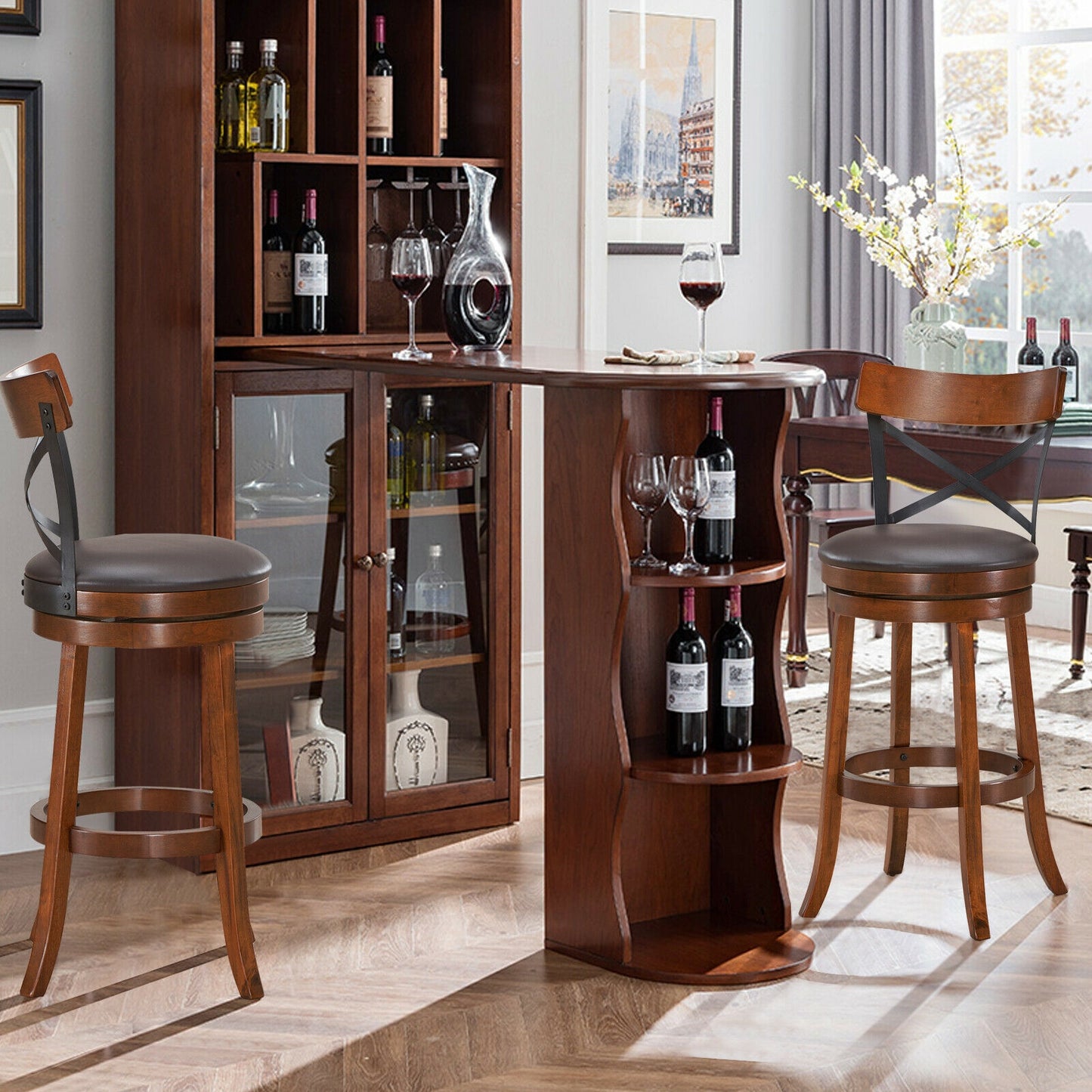Set of 2 Swivel Bar Stools with Curved Backrest and Solid Rubberwood Legs, 29.5 Inch Seat Height