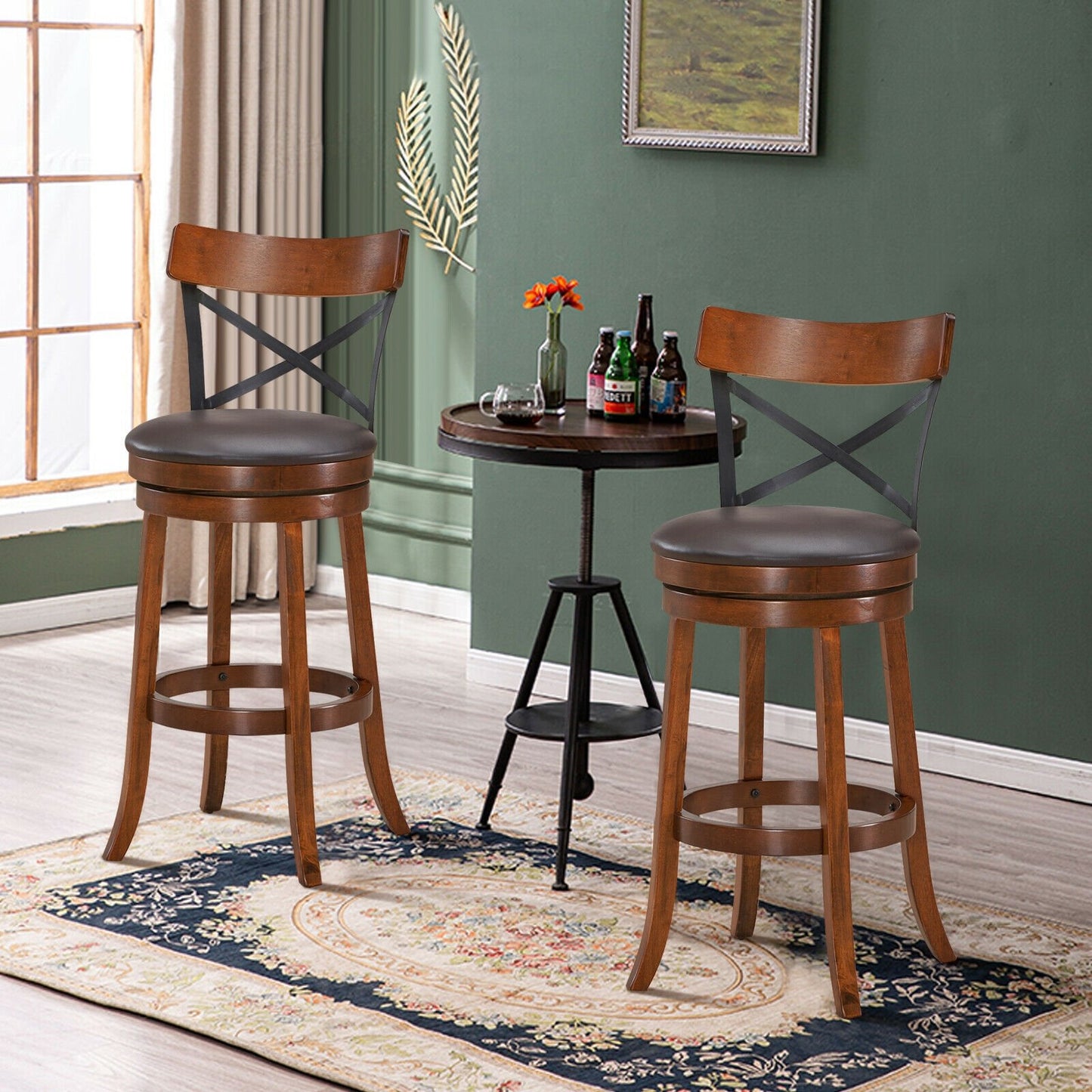 Set of 2 Swivel Bar Stools with Curved Backrest and Solid Rubberwood Legs, 29.5 Inch Seat Height