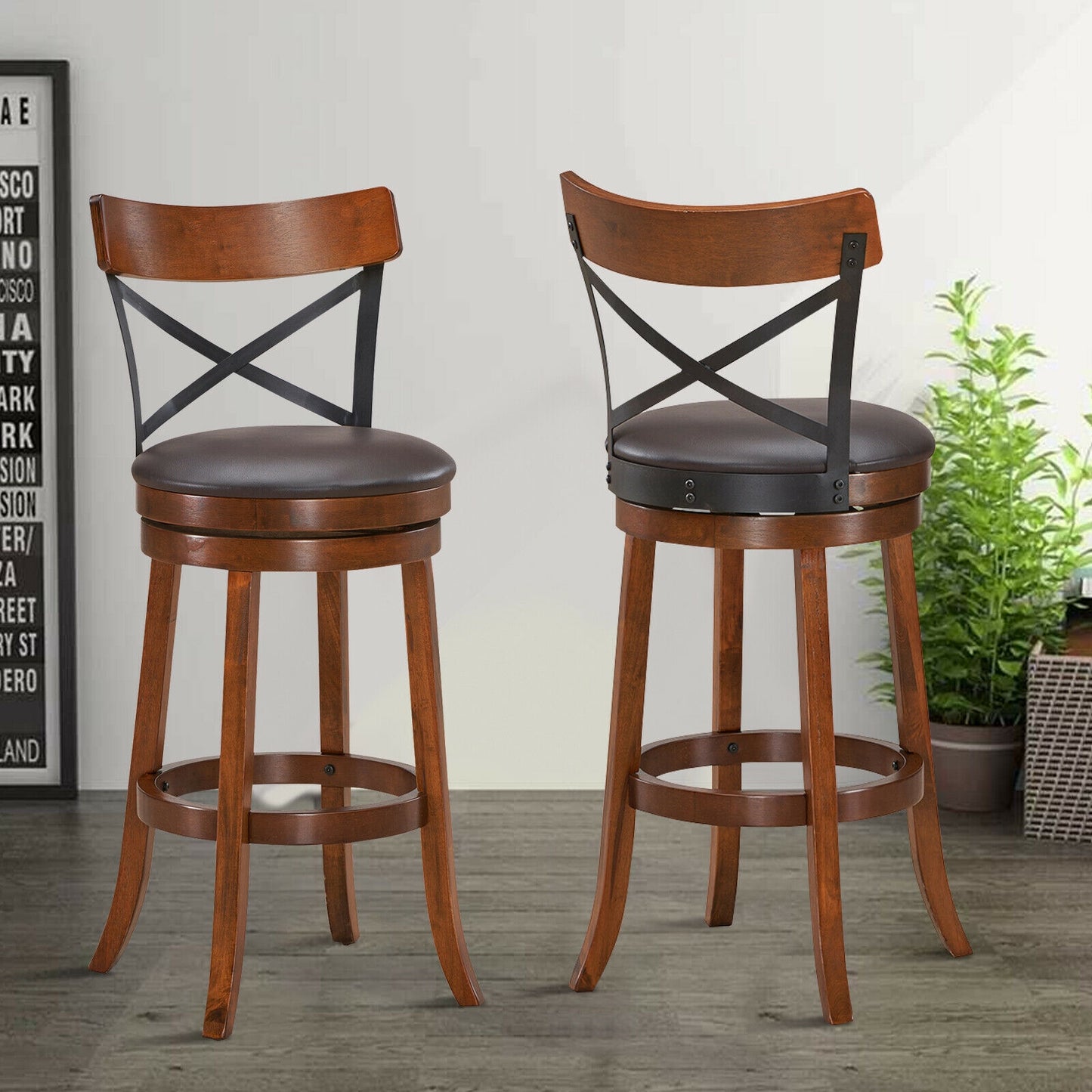 Set of 2 Swivel Bar Stools with Curved Backrest and Solid Rubberwood Legs, 29.5 Inch Seat Height