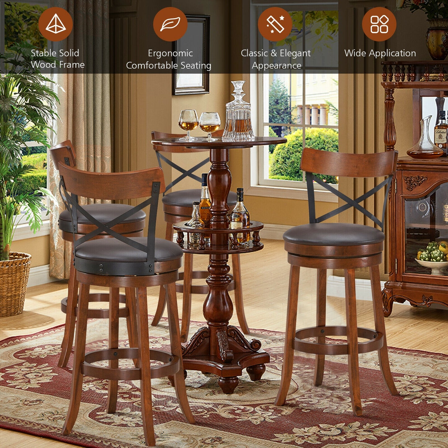 Set of 2 Swivel Bar Stools with Curved Backrest and Solid Rubberwood Legs, 29.5 Inch Seat Height