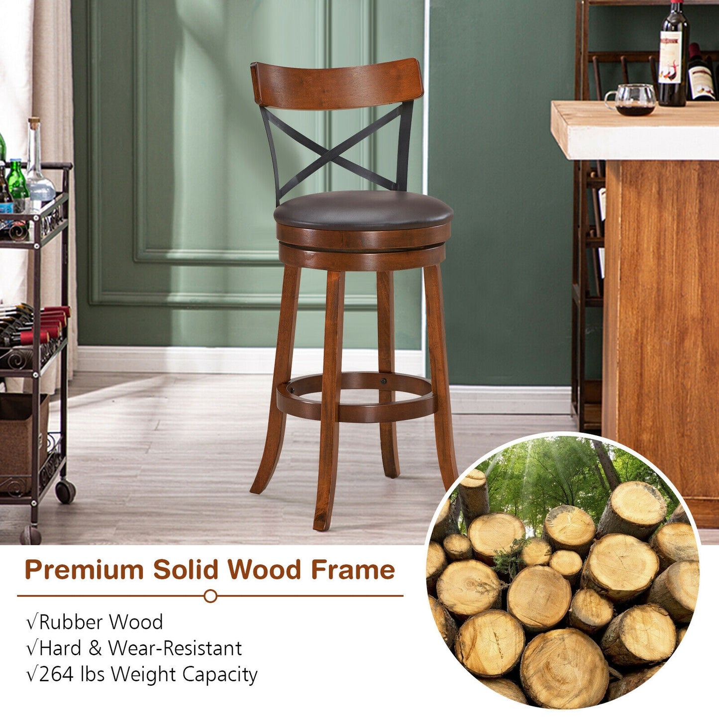 Set of 2 Swivel Bar Stools with Curved Backrest and Solid Rubberwood Legs, 29.5 Inch Seat Height