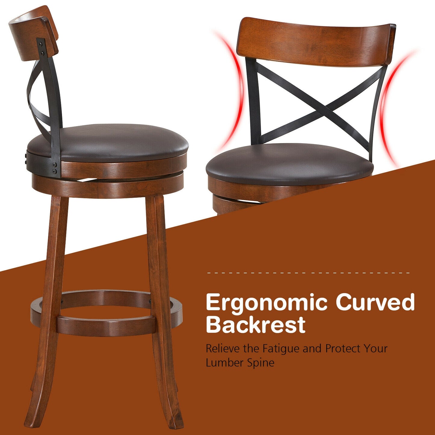 Set of 2 Swivel Bar Stools with Curved Backrest and Solid Rubberwood Legs, 29.5 Inch Seat Height