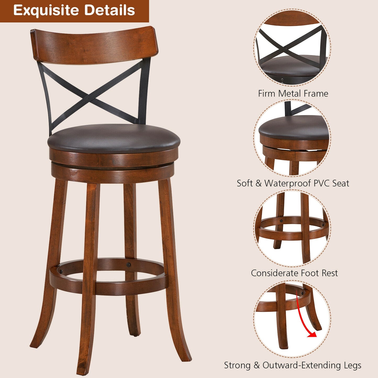 Set of 2 Swivel Bar Stools with Curved Backrest and Solid Rubberwood Legs, 29.5 Inch Seat Height