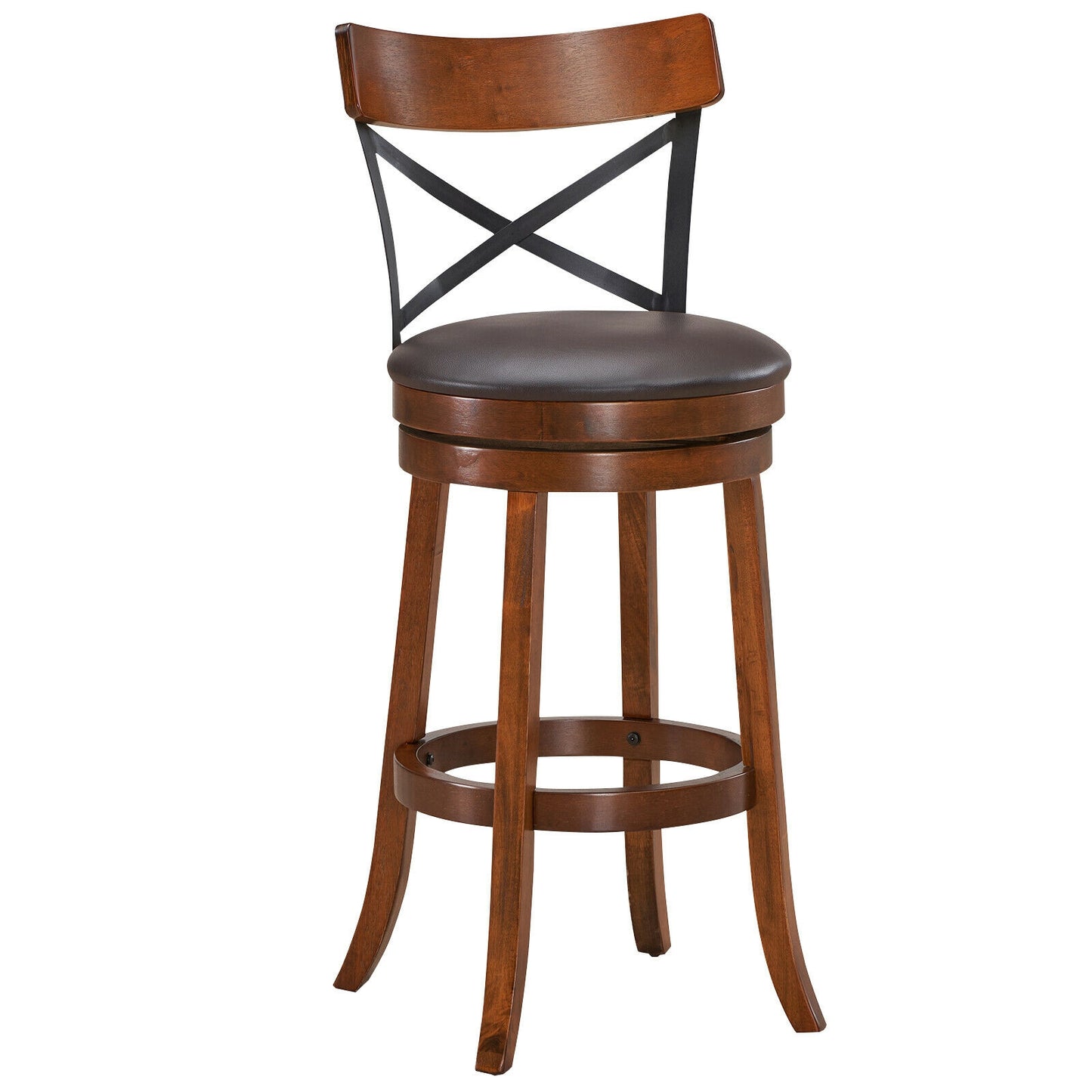 Set of 2 Swivel Bar Stools with Curved Backrest and Solid Rubberwood Legs, 29.5 Inch Seat Height