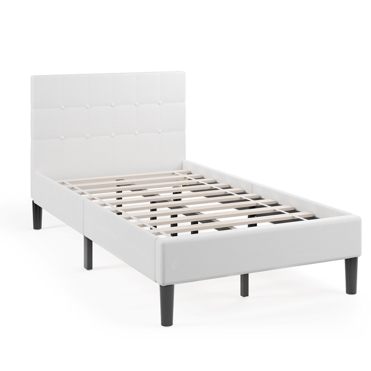 Elegant Twin Platform Bed with Button-Tufted Headboard in Beige