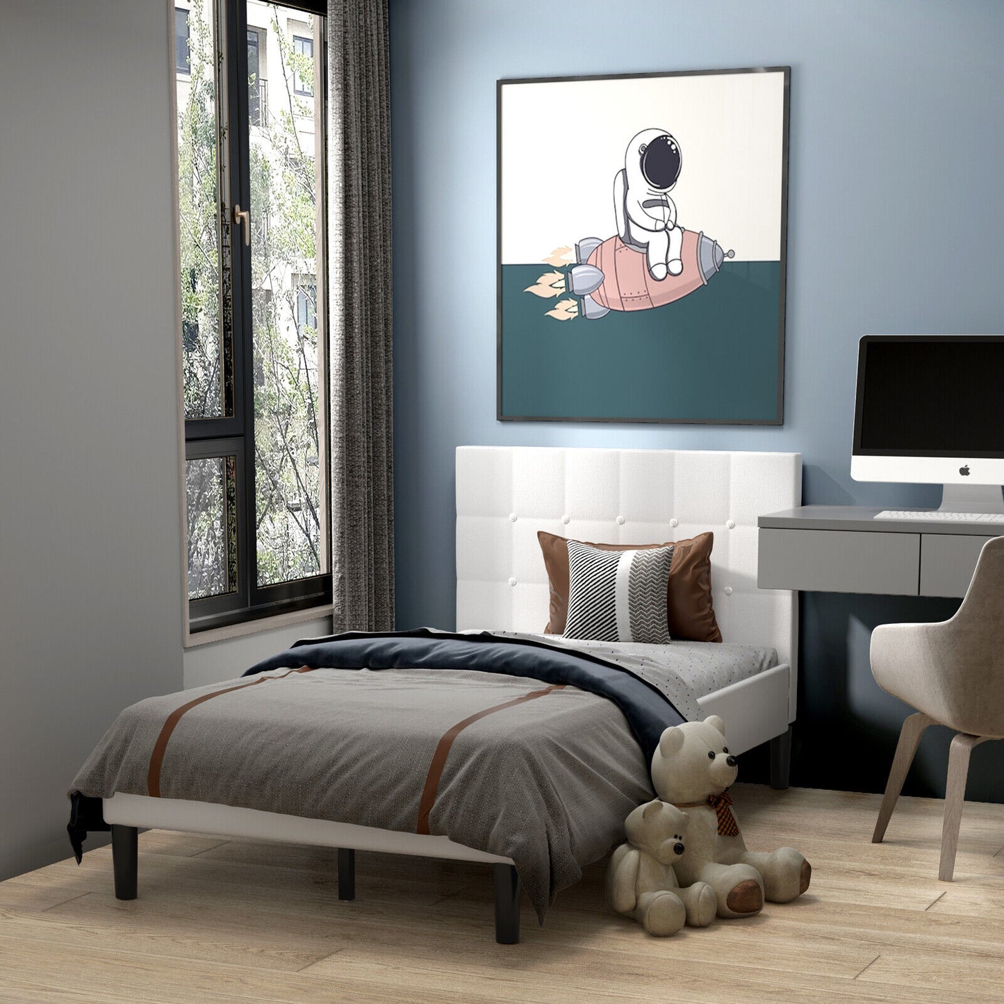 Elegant Twin Platform Bed with Button-Tufted Headboard in Beige