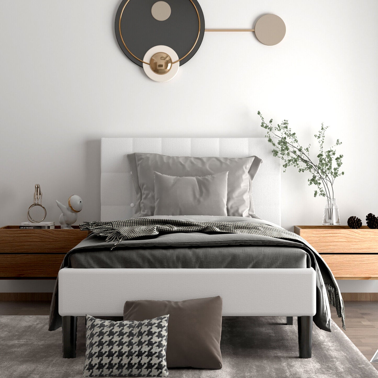 Elegant Twin Platform Bed with Button-Tufted Headboard in Beige