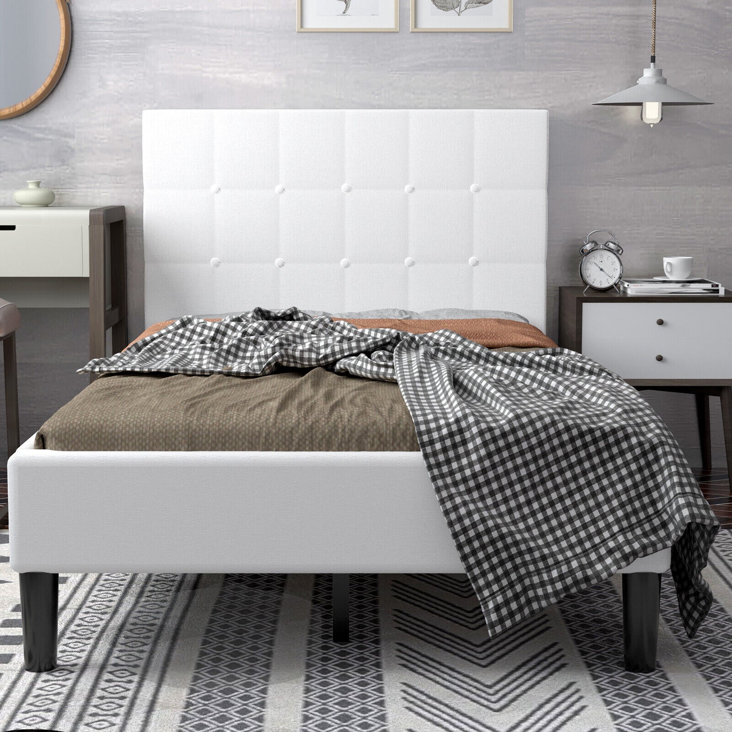 Elegant Twin Platform Bed with Button-Tufted Headboard in Beige