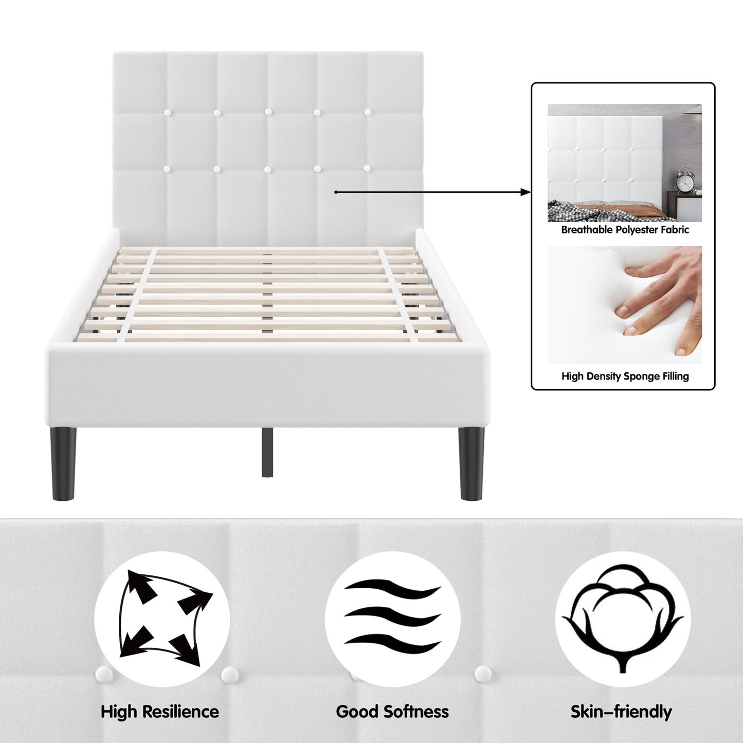 Elegant Twin Platform Bed with Button-Tufted Headboard in Beige