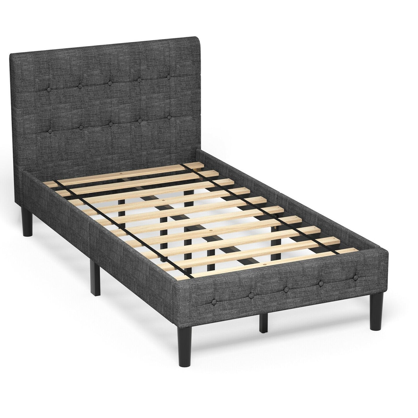 Elegant Twin Platform Bed with Button-Tufted Headboard in Grey