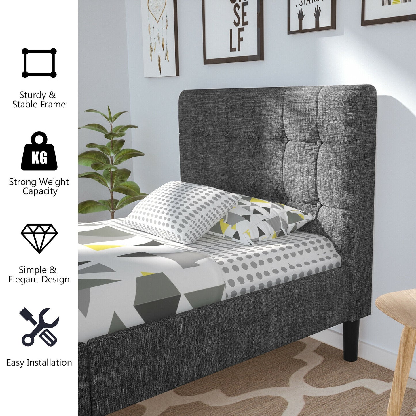 Elegant Twin Platform Bed with Button-Tufted Headboard in Grey