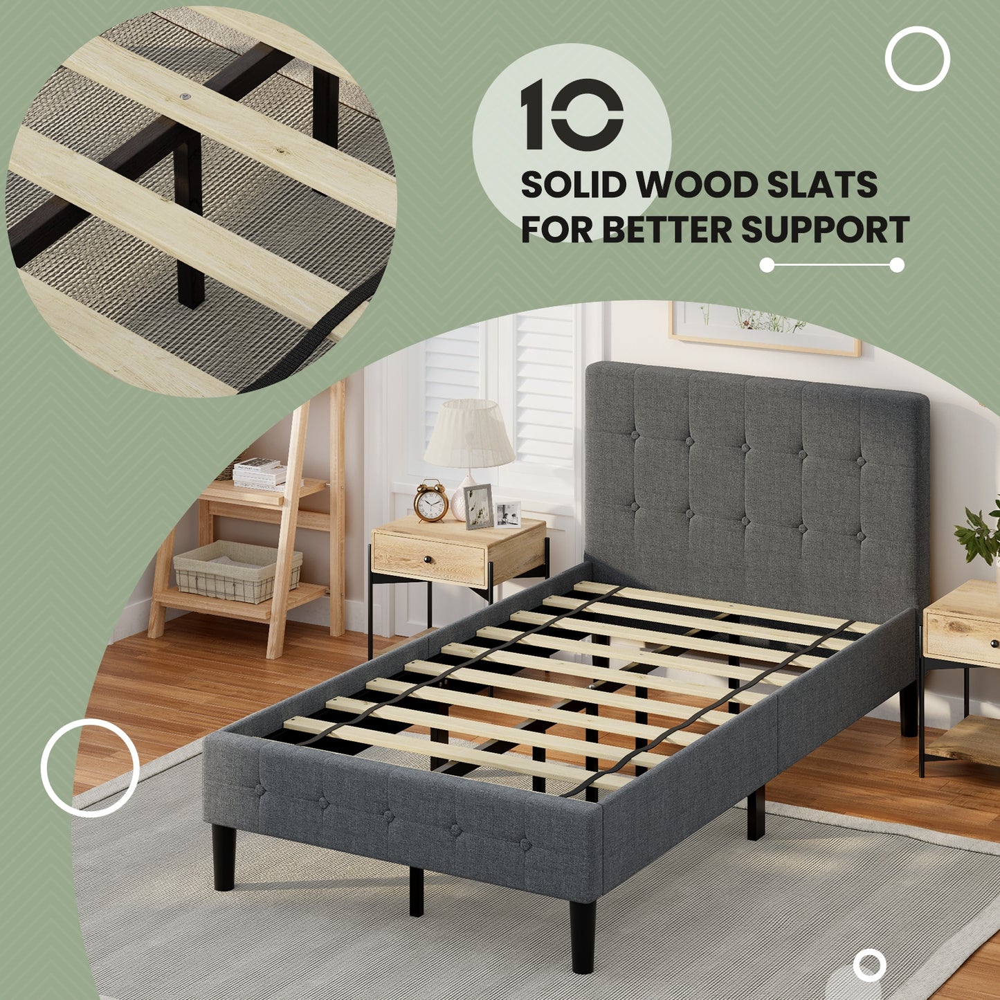 Elegant Twin Platform Bed with Button-Tufted Headboard in Grey