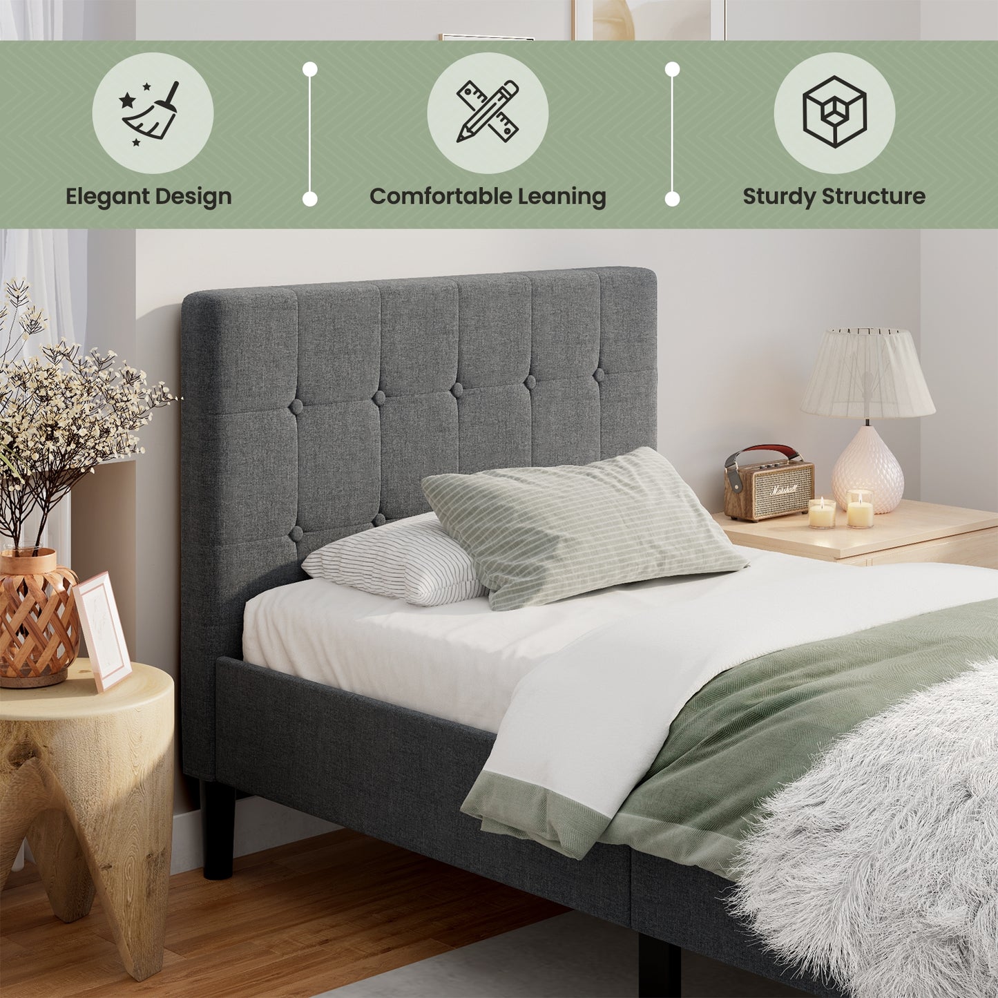 Elegant Twin Platform Bed with Button-Tufted Headboard in Grey