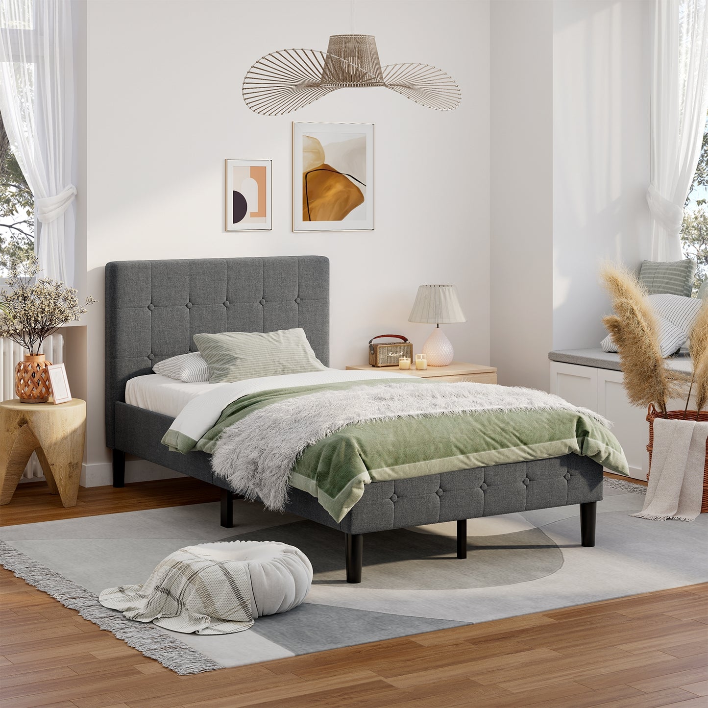 Elegant Twin Platform Bed with Button-Tufted Headboard in Grey