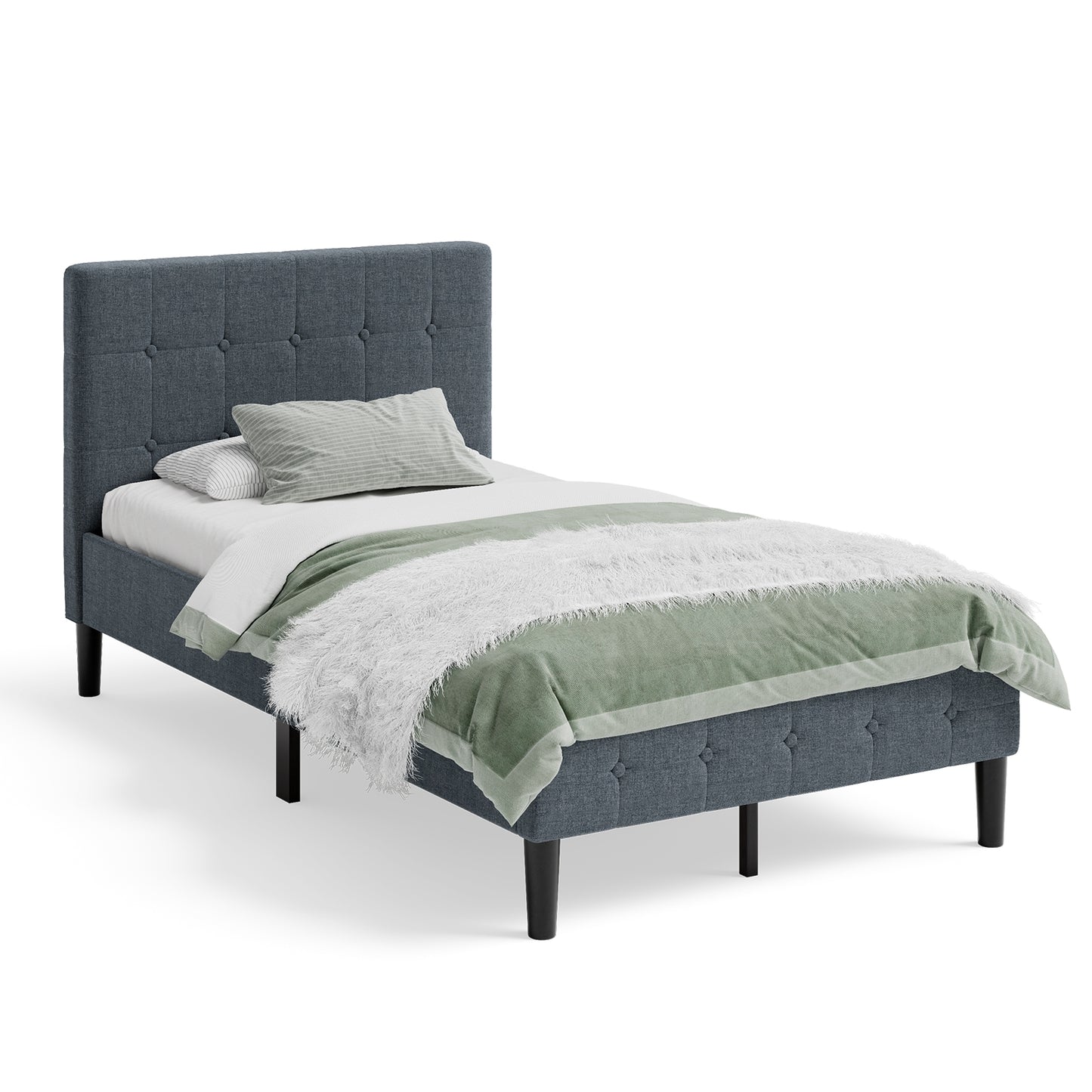 Elegant Twin Platform Bed with Button-Tufted Headboard in Grey