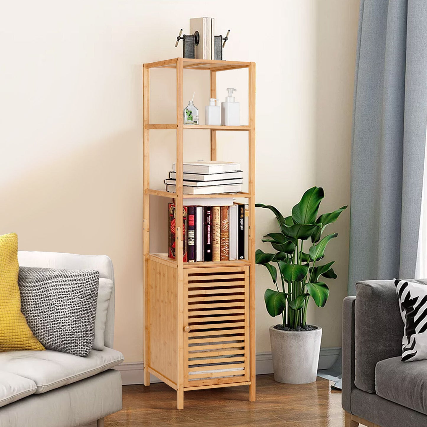 4 Tier Bamboo Floor Cabinet with Shutter Doors and Anti-Tip Feature