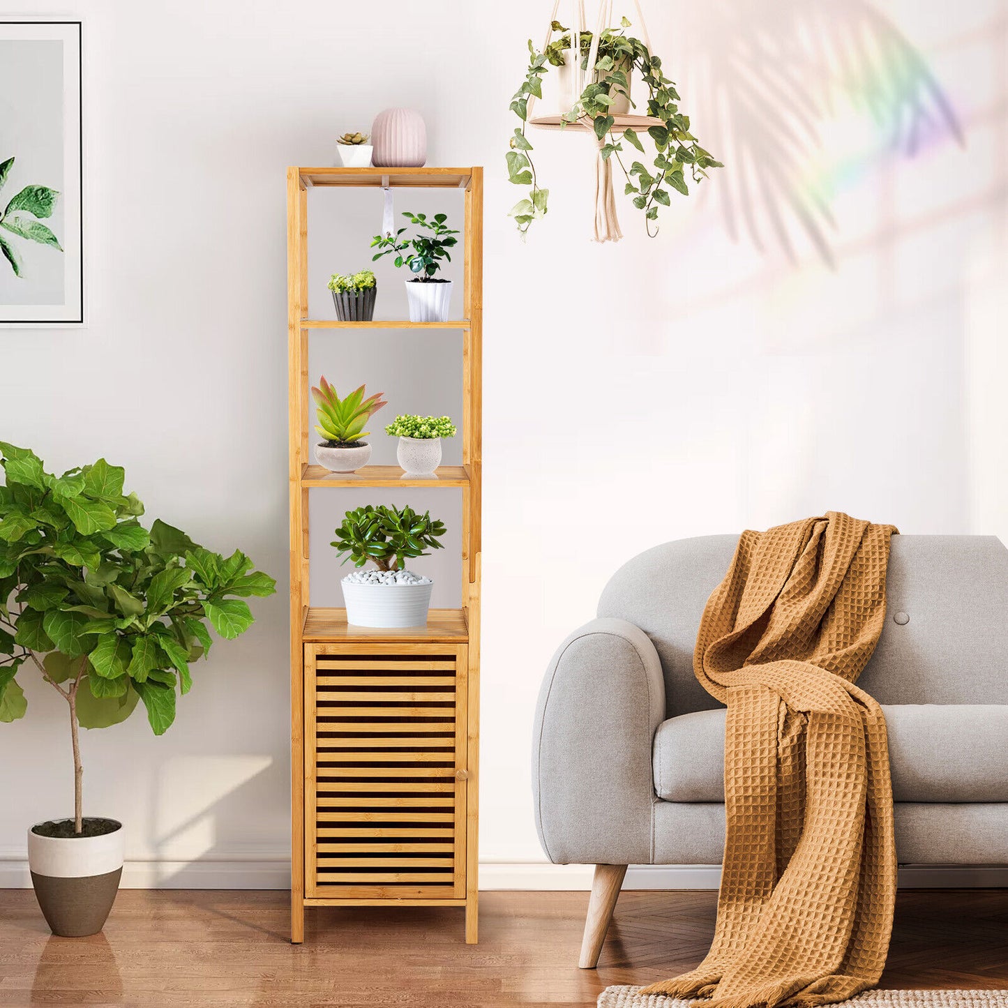 4 Tier Bamboo Floor Cabinet with Shutter Doors and Anti-Tip Feature