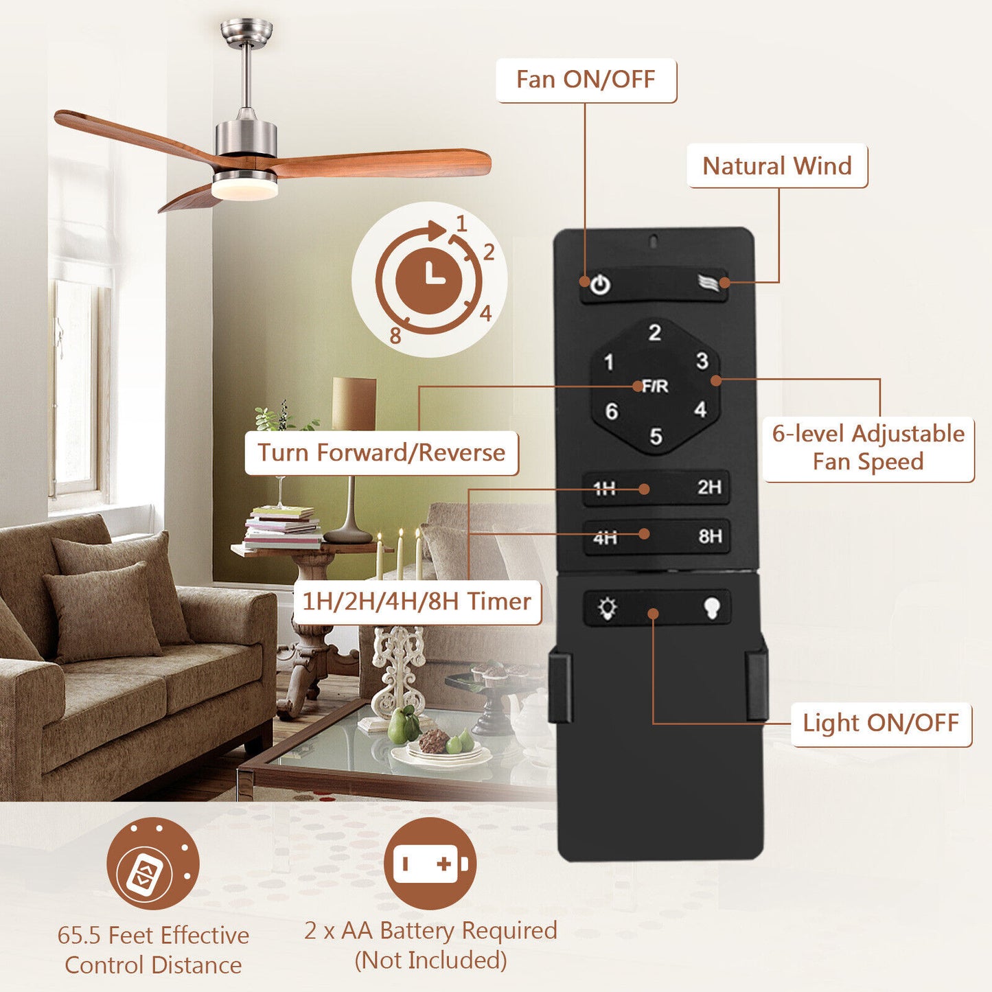 52 Inch Reversible Ceiling Fan with LED Light and 6-Speed Remote Control - Silver
