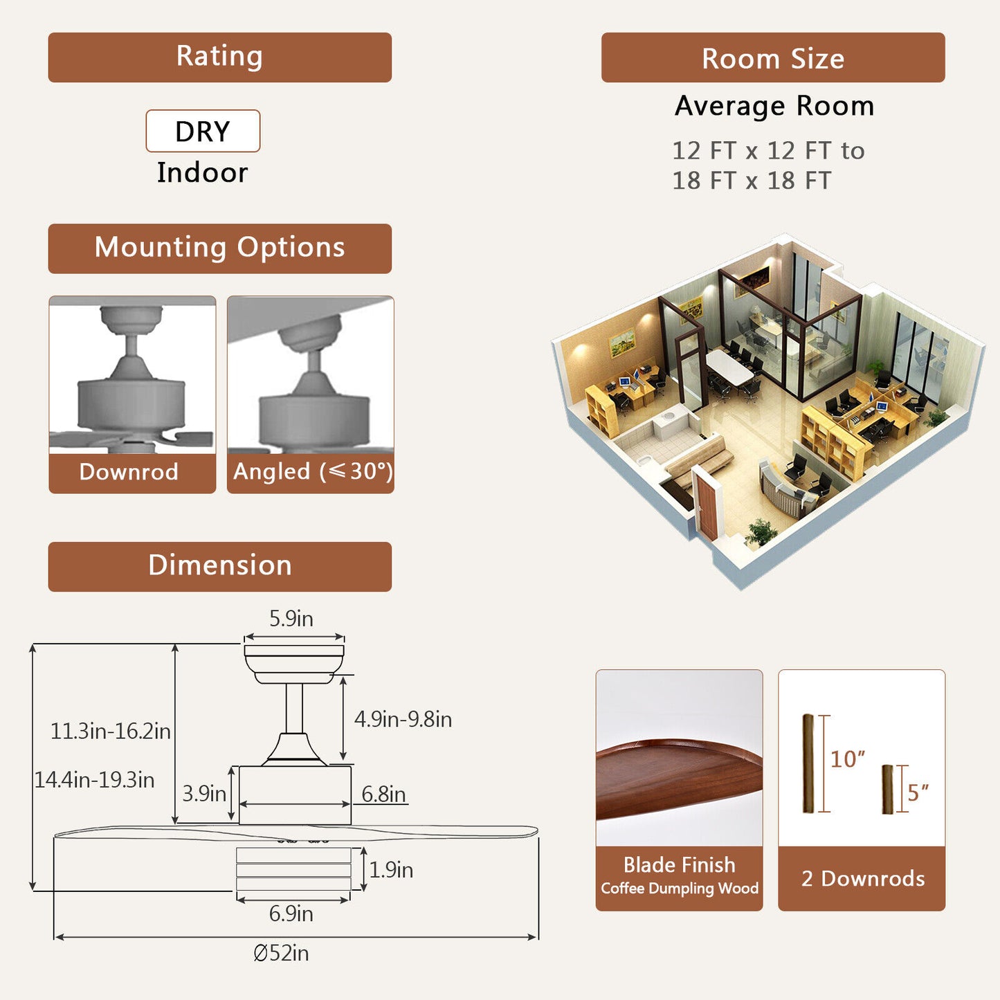 52 Inch Reversible Ceiling Fan with LED Light and 6-Speed Remote Control - Brown
