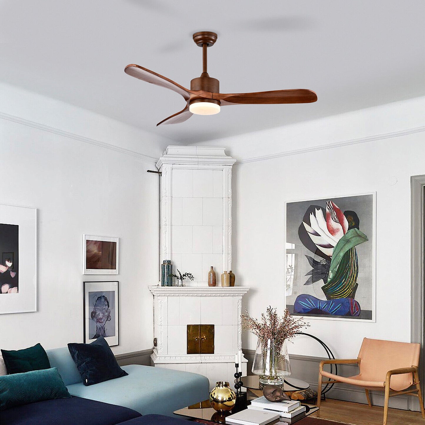 52 Inch Reversible Ceiling Fan with LED Light and 6-Speed Remote Control - Brown