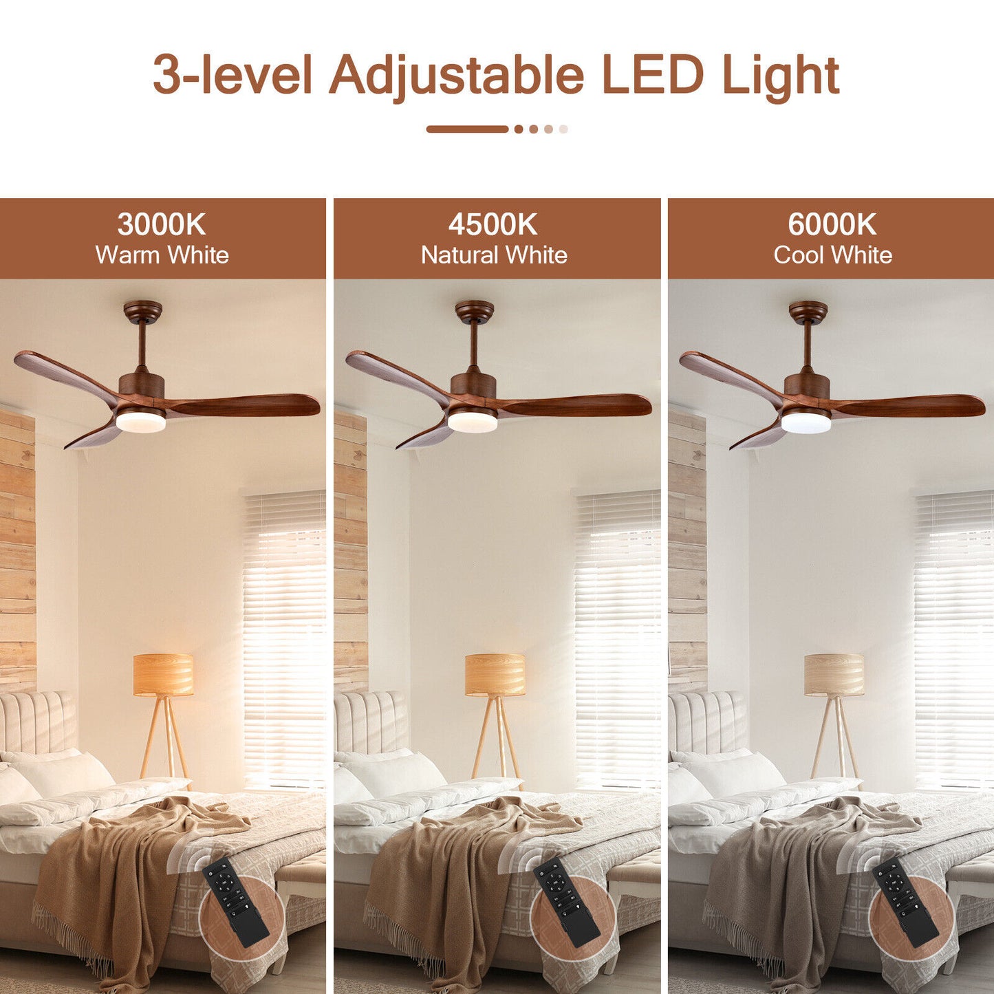 52 Inch Reversible Ceiling Fan with LED Light and 6-Speed Remote Control - Brown
