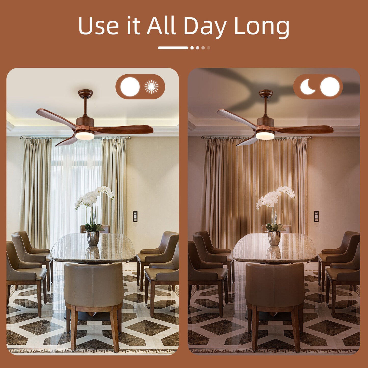 52 Inch Reversible Ceiling Fan with LED Light and 6-Speed Remote Control - Brown