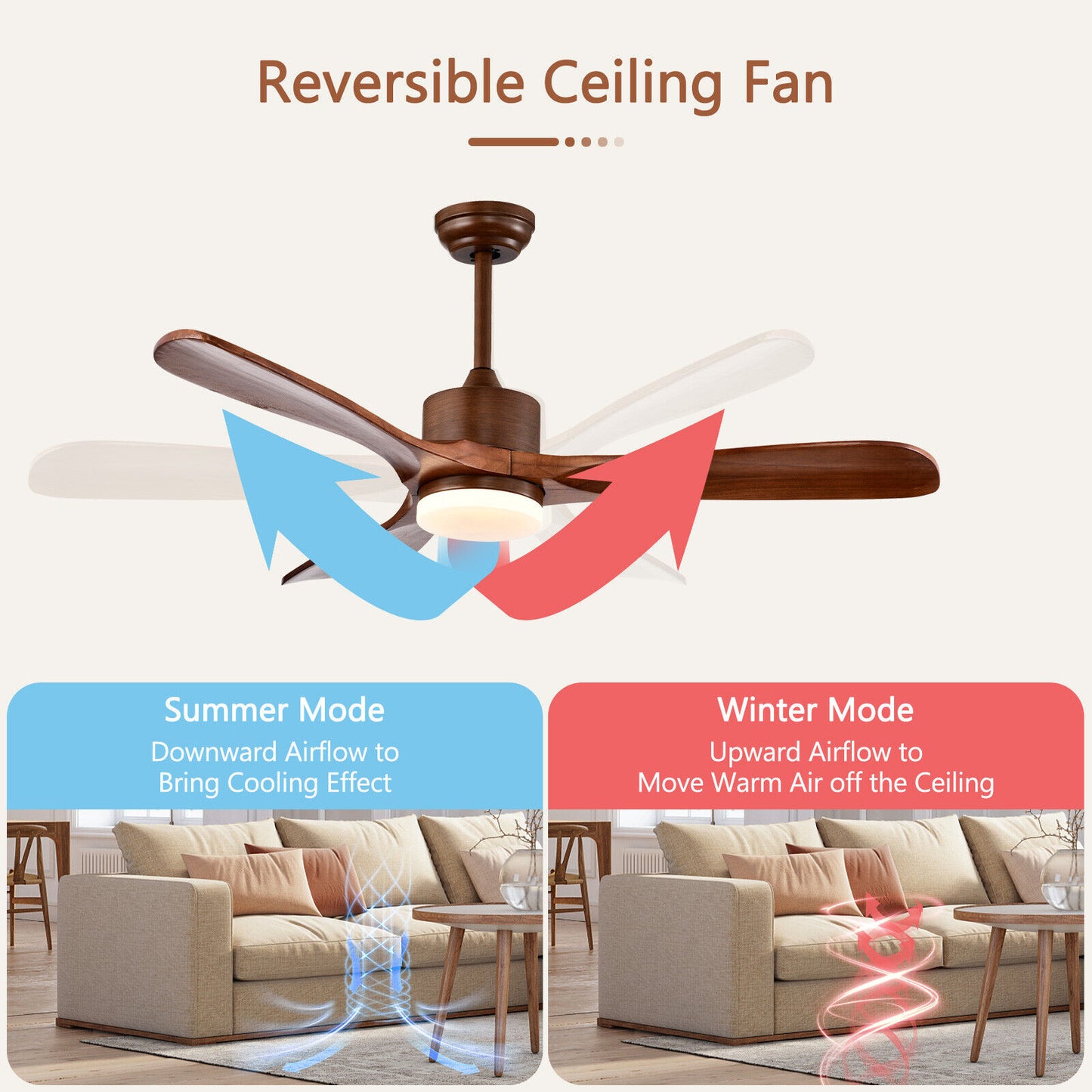 52 Inch Reversible Ceiling Fan with LED Light and 6-Speed Remote Control - Brown