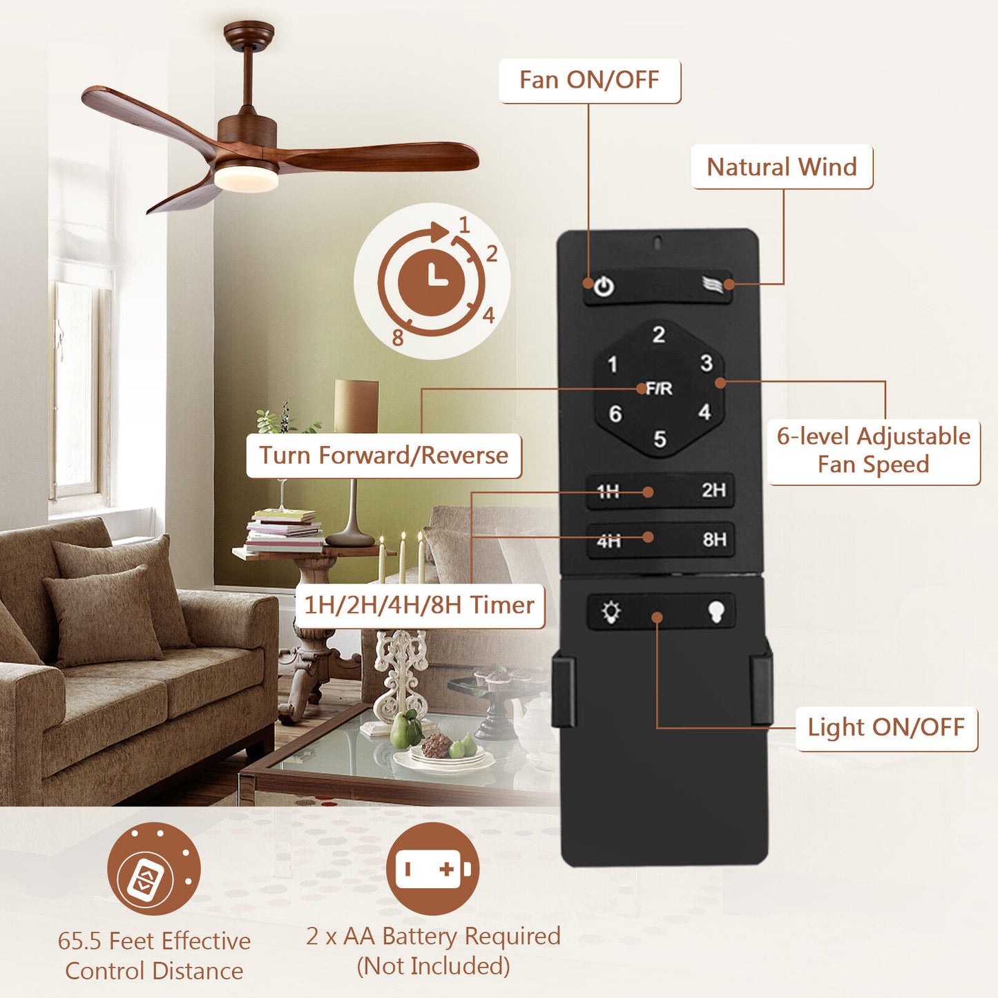 52 Inch Reversible Ceiling Fan with LED Light and 6-Speed Remote Control - Brown