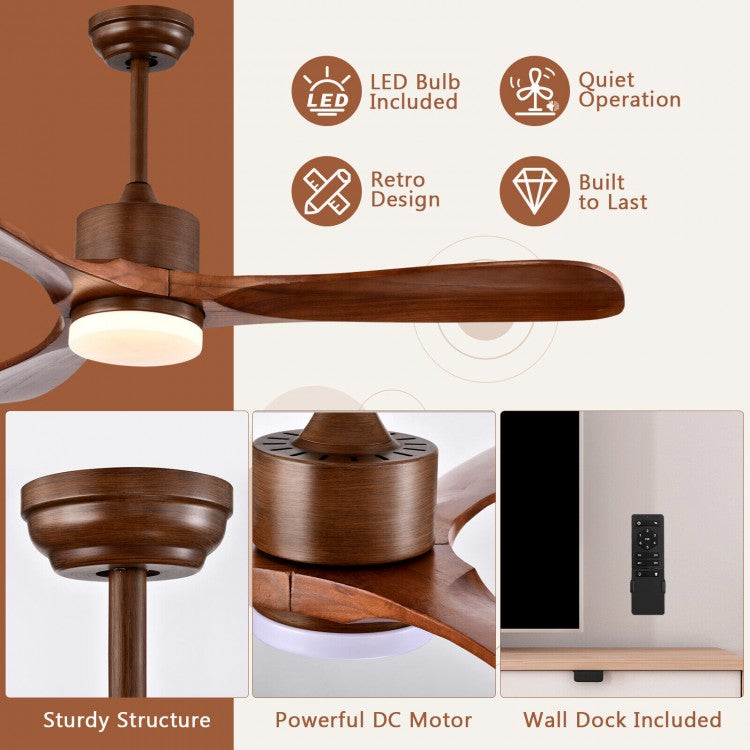 52 Inch Reversible Ceiling Fan with LED Light and 6-Speed Remote Control - Brown