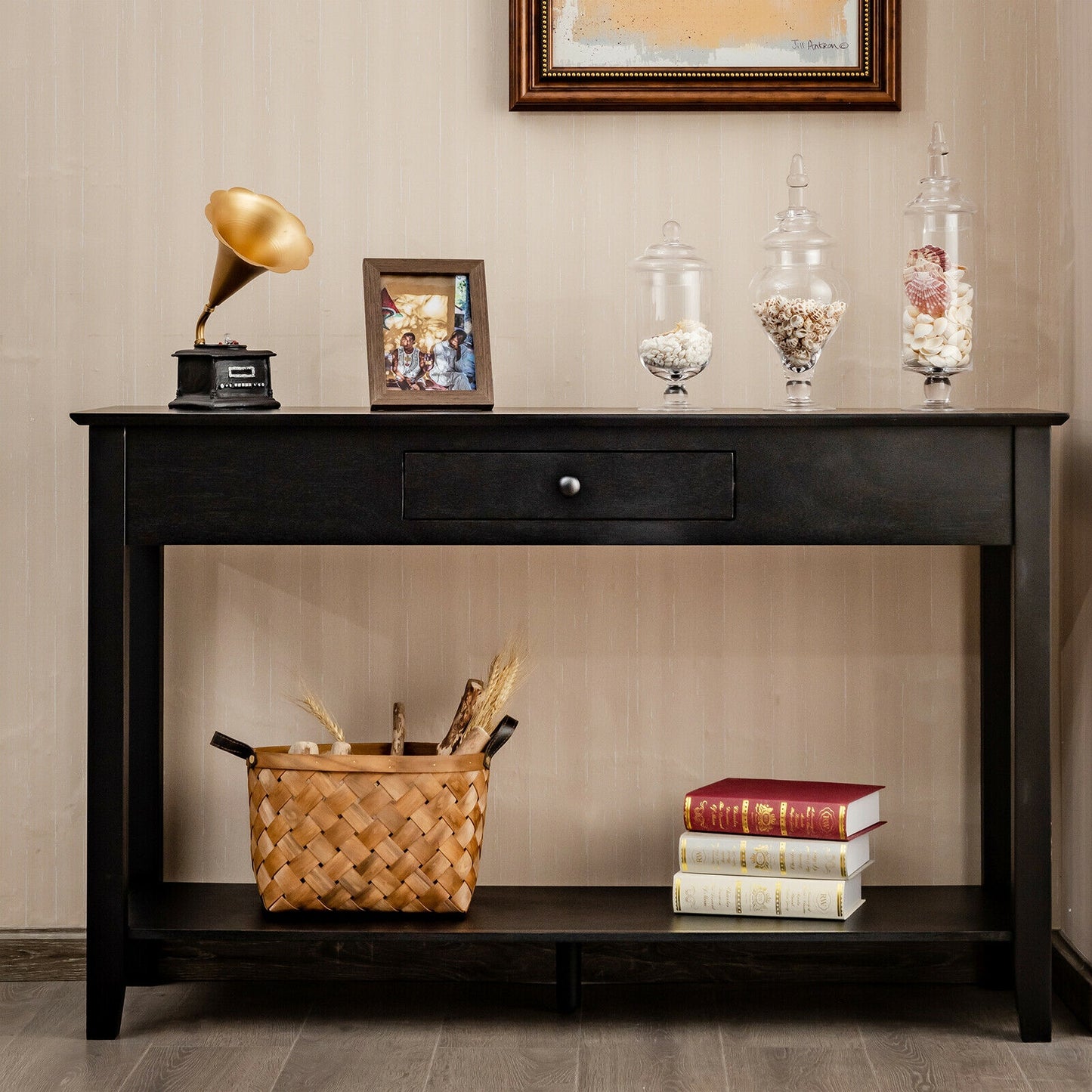 Console Accent Table with Drawer and Lower Shelf for Living Room or Entryway