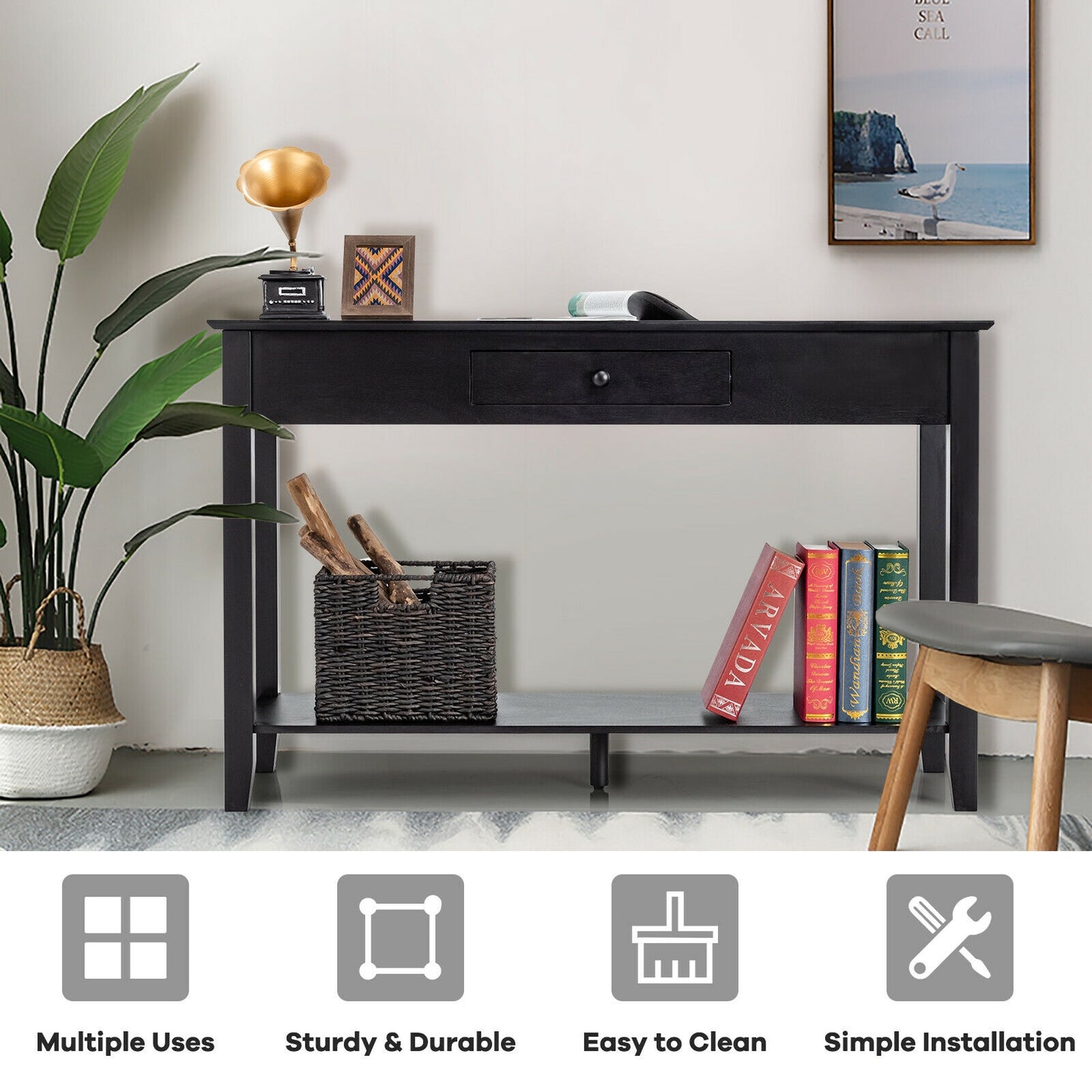 Console Accent Table with Drawer and Lower Shelf for Living Room or Entryway