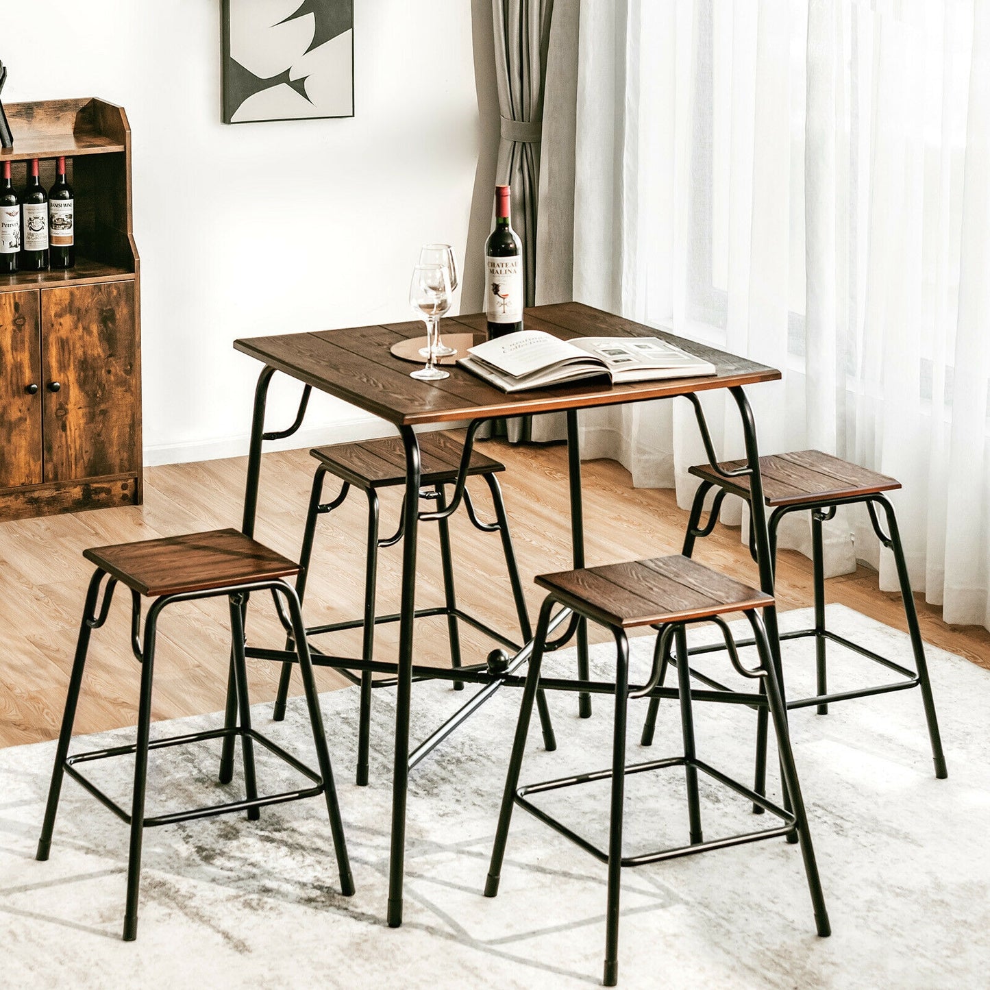5 Piece Counter Height Bar Table Set with 4 Backless Stools for Kitchen and Dining